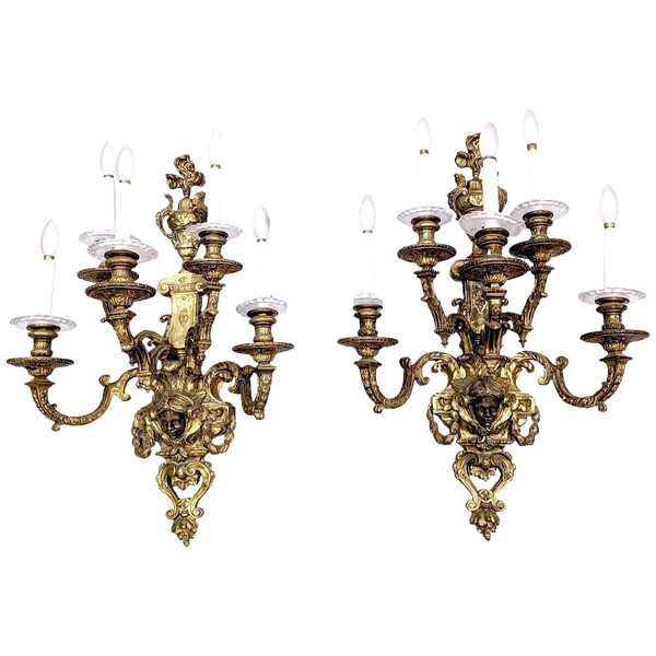 Spectaculaire Paire d'Appliques Bronze Doré Têtes De Nubiens Style Louis XIV  Nap III