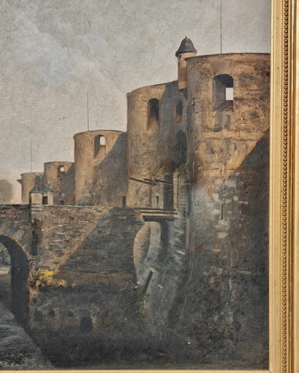 Importante olio su tela "l'ingresso al castello d'Angers.