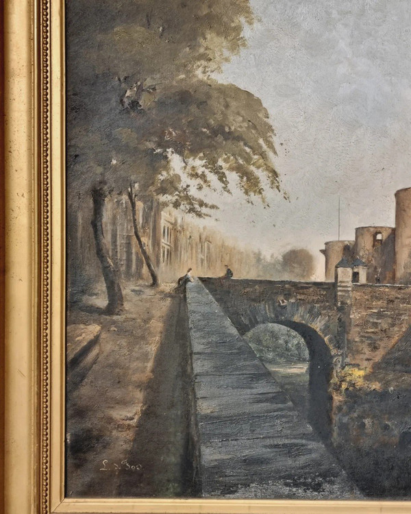 Importante olio su tela "l'ingresso al castello d'Angers.