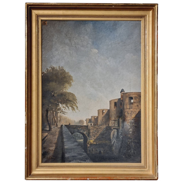 Importante olio su tela "l'ingresso al castello d'Angers.