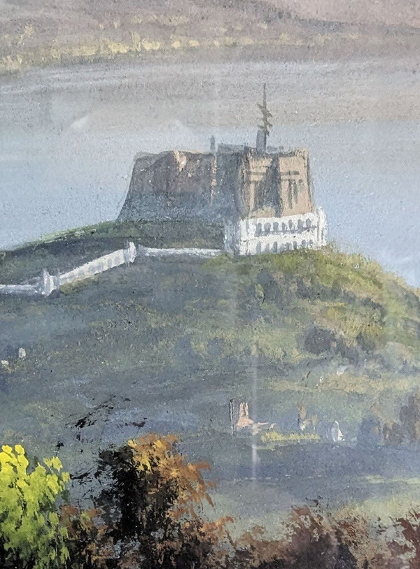 Grande Gouache Napoletano "camaldoli" Con Vista Sul Castello De L'Oeuf, Isola D'Ischia,