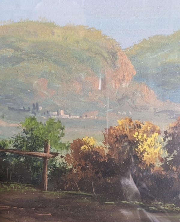 Grande Gouache Napoletano "camaldoli" Con Vista Sul Castello De L'Oeuf, Isola D'Ischia,