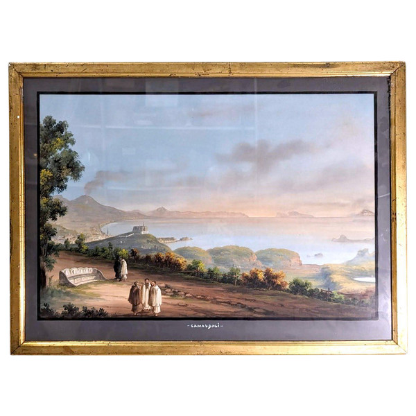 Grande Gouache Napoletano "camaldoli" Con Vista Sul Castello De L'Oeuf, Isola D'Ischia,