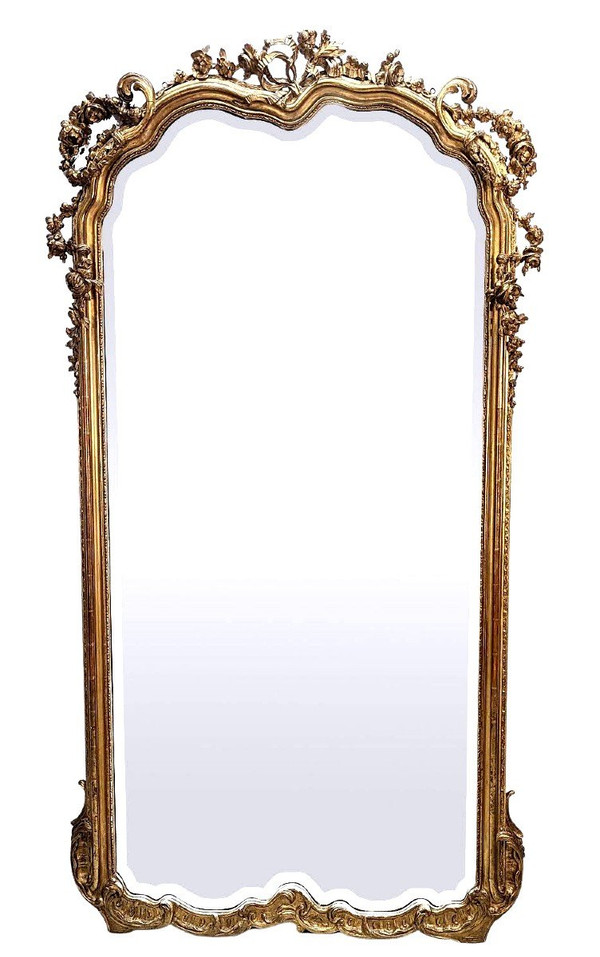 Large Mirror In Golden Wood, Napoleon III Period Gilding With Gold Leaf