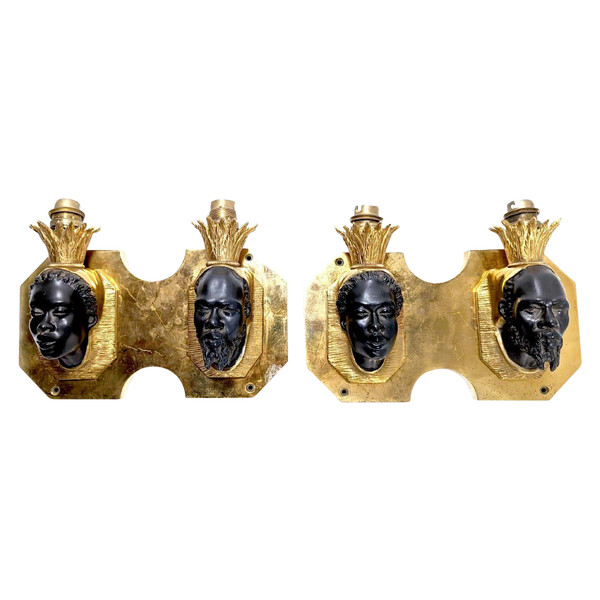 Pair Of Maison Baguès Bronze Sconces With Double Nubian Heads