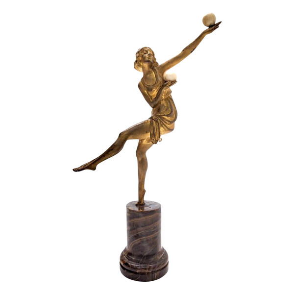 Danseuse Aux Boules Bronze Chryséléphantine Par Marcel Bouraine 1930 Art Déco