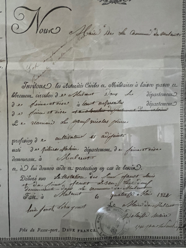 Luigi XVIII, 1822, Periodo di Restauro, Passaporto della città di Mulcent Yvelines 78, Datato 14 maggio 1822