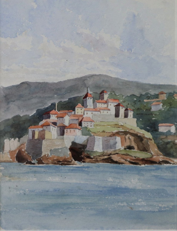 Acquarello, Scuola Francese Del XIX Secolo, Il Borgo Fortificato.