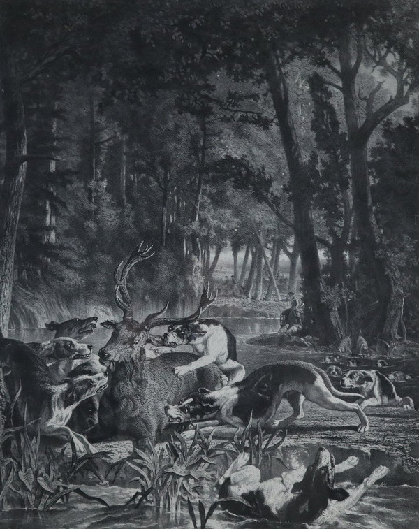 Vénerie, L.G.JADIN, hallali de cerf, lithographie, 1858