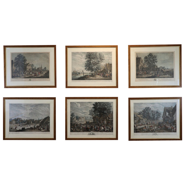 D.Teniers, J P Le Bas, Les Fêtes Flamandes, Suite De 6 Gravures Aquarellées, 18th century.