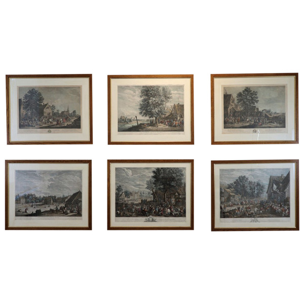 D.Teniers, J P Le Bas, Les Fêtes Flamandes, Suite De 6 Gravures Aquarellées, XVIIIeme.