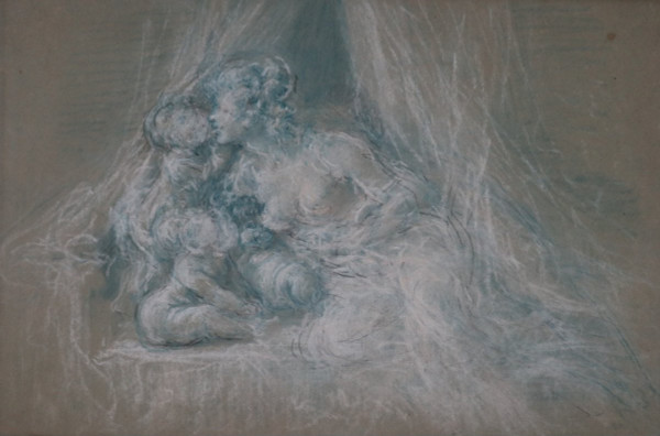 „Der Kuss“, erotische Zeichnung, blaue und weiße Kreide, 19. Jahrhundert, moderner Rahmen