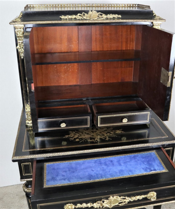 Bonheur Du Jour Blackened Wood, Brass Marquetry, Napoleon III