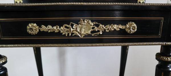 Bonheur Du Jour Blackened Wood, Brass Marquetry, Napoleon III