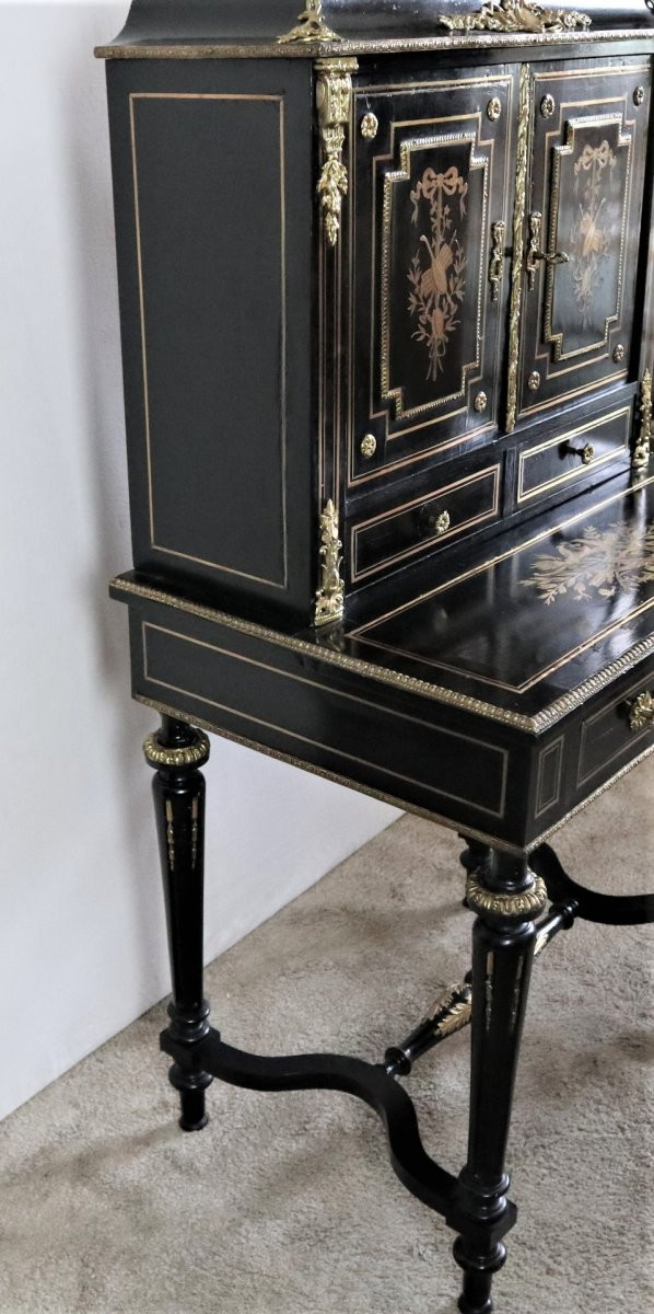 Bonheur Du Jour Blackened Wood, Brass Marquetry, Napoleon III