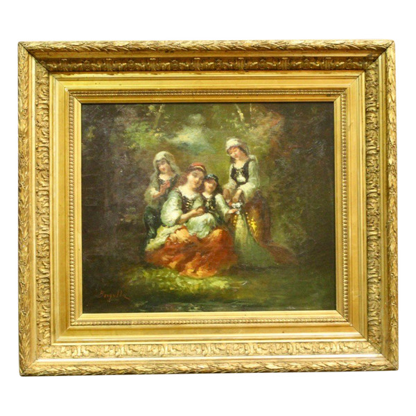 Oil On Canvas Group Of Young Girls Celebrating Spring By Borgella End XIX