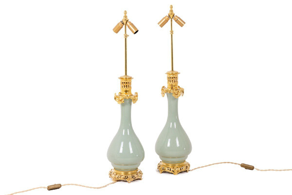 Pair Of Celadon And Bronze Porcelain Lamps, Circa 1880, LS4600722