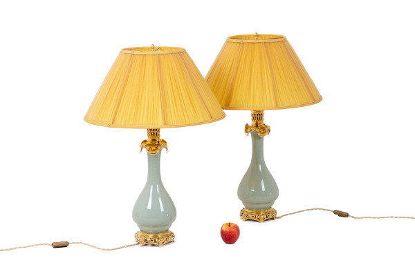 Pair Of Celadon And Bronze Porcelain Lamps, Circa 1880, LS4600722