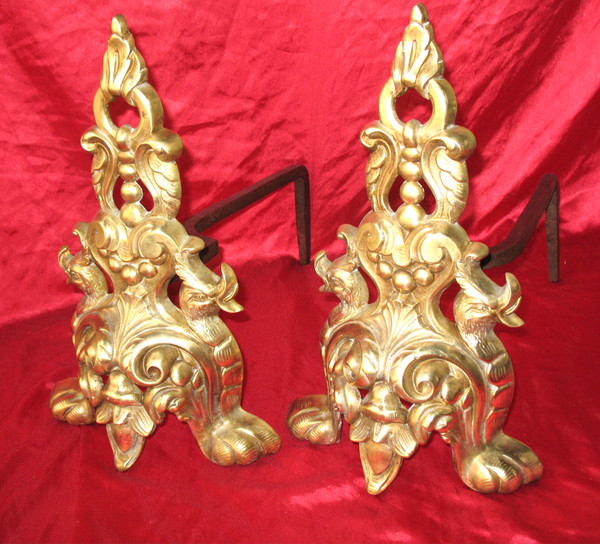 Pair of Renaissance-style bronze and wrought-iron landier andirons