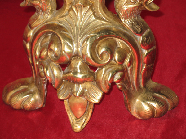 Pair of Renaissance-style bronze and wrought-iron landier andirons