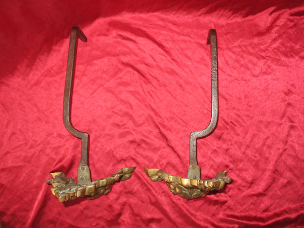 Pair of Renaissance-style bronze and wrought-iron landier andirons