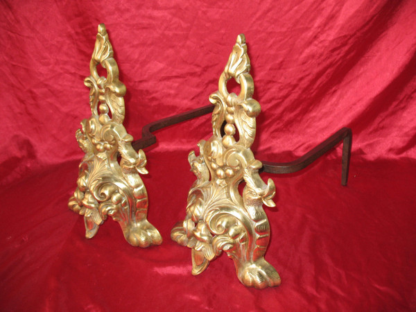Pair of Renaissance-style bronze and wrought-iron landier andirons