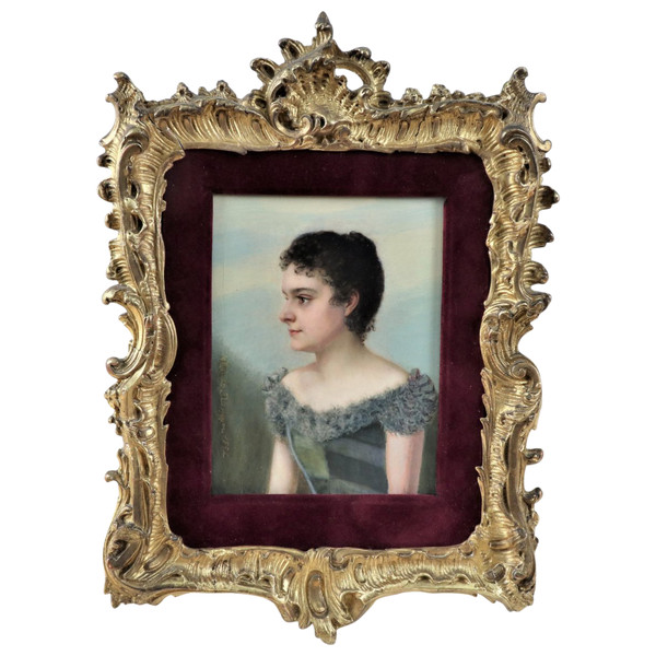 Miniature On Ivory, Carved And Gilded Wood Frame Louis XV Style Rocaille, Signed, Dated 1892