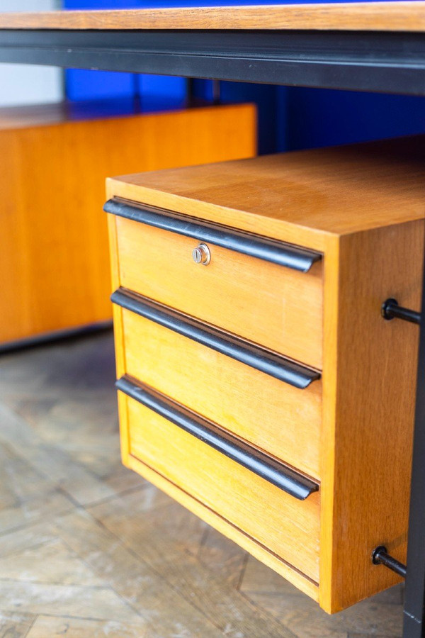 Scrivania in rovere e metallo laccato, anni '70, LS4762911A