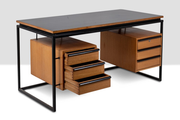 Scrivania in rovere e metallo laccato, anni '70, LS4762911A