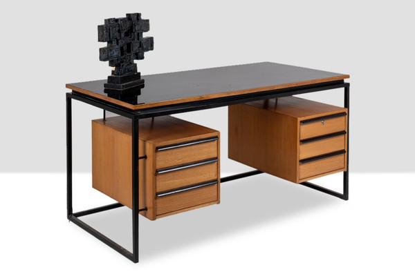 Scrivania in rovere e metallo laccato, anni '70, LS4762911A