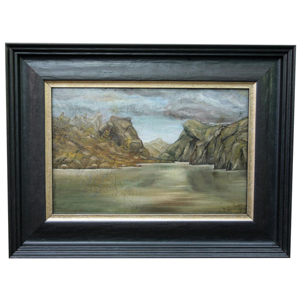 Paesaggio onirico, olio su tavola firmato, datato 1889
