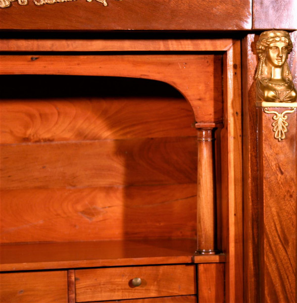 Secretaire Impero Con Foglia A Goccia, Mogano E Bronzi Dorati
