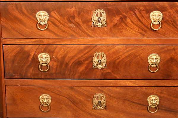 Secretaire Impero Con Foglia A Goccia, Mogano E Bronzi Dorati