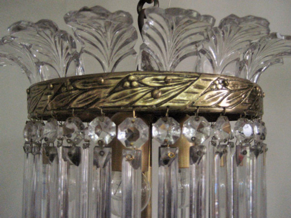 Lustre à Palmettes Et Barres De Verre, Début 20éme