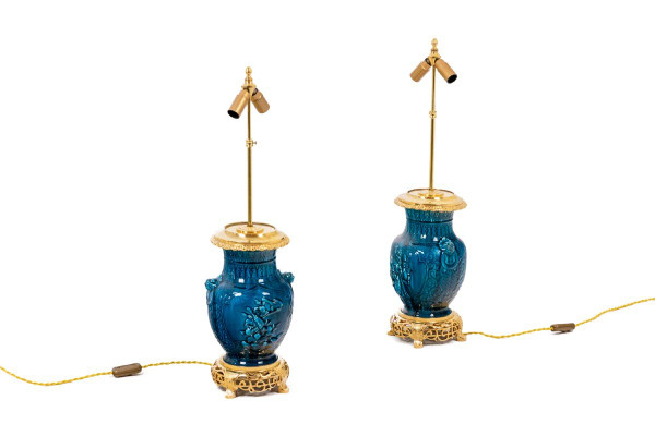 Coppia di lampade in ceramica e bronzo, 1880 circa, LS47581076