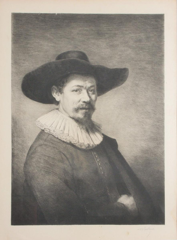 Gravure Sur Velin, Autoportrait, d'Aprés Rembrandt, 1884, Encadrée.