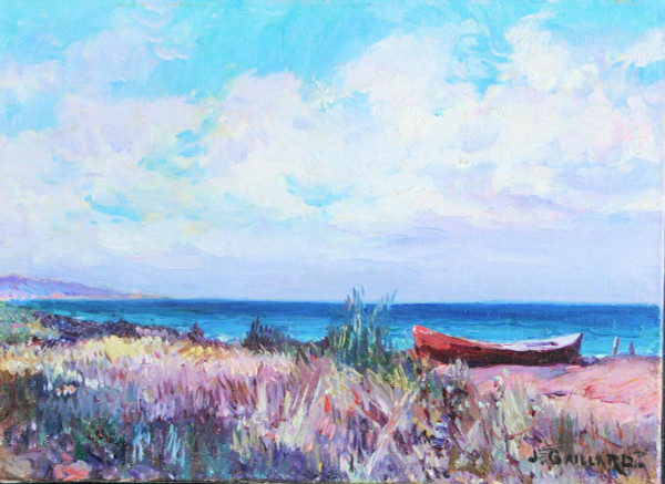 J Gaillard, Öl auf Leinwand, „Strand am Boot“