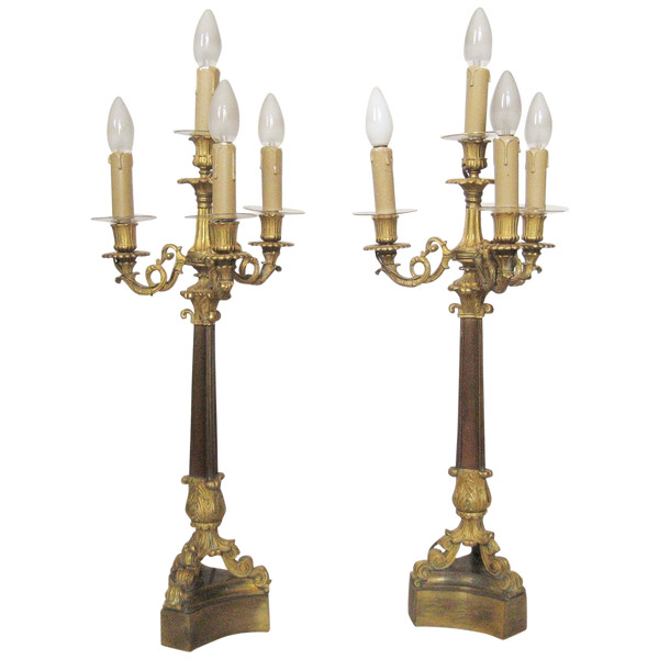 Pair Of Candelabras In Gilt And Patinated Bronze, Restoration Period, Electrified