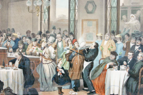 Droz, Color Lithograph, "un Buffet De Chemin De Fer" (A Railway Buffet)