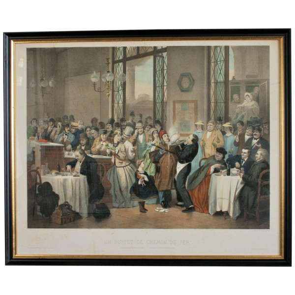 Droz, Color Lithograph, "un Buffet De Chemin De Fer" (A Railway Buffet)