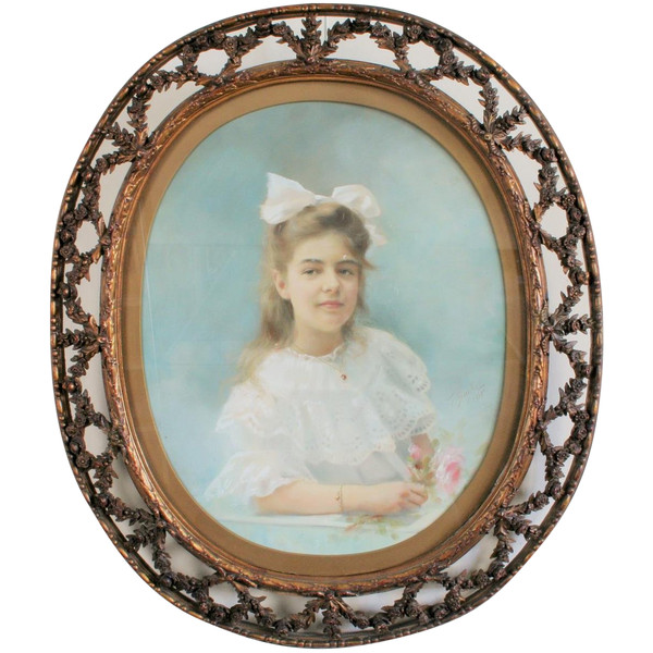 Buyle F,Pastell, "jeune Fille Au Bouquet De Roses" 1910