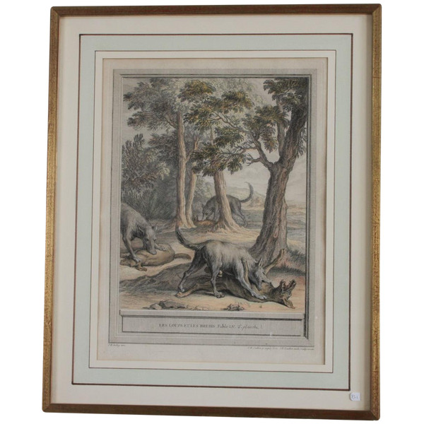 Oudry,18th century framed color print,La Fontaine fables