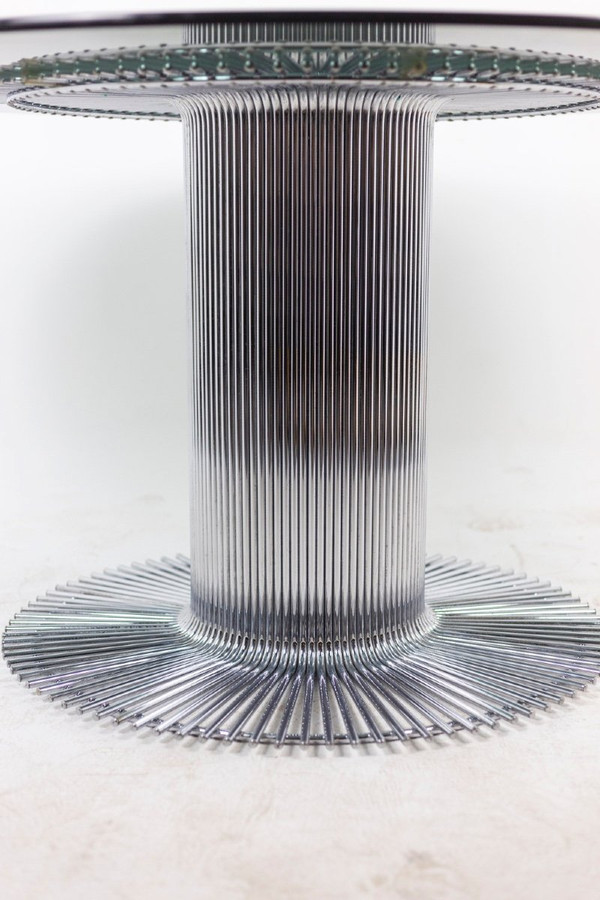 Gastone Rinaldi, tavolo rotondo in metallo cromato e vetro fumé, anni '70, Ls4690751