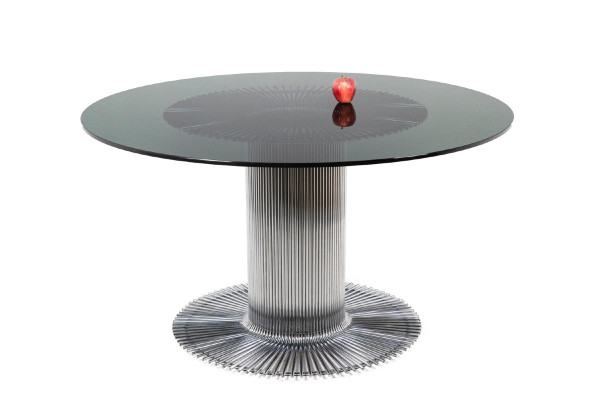Gastone Rinaldi, tavolo rotondo in metallo cromato e vetro fumé, anni '70, Ls4690751