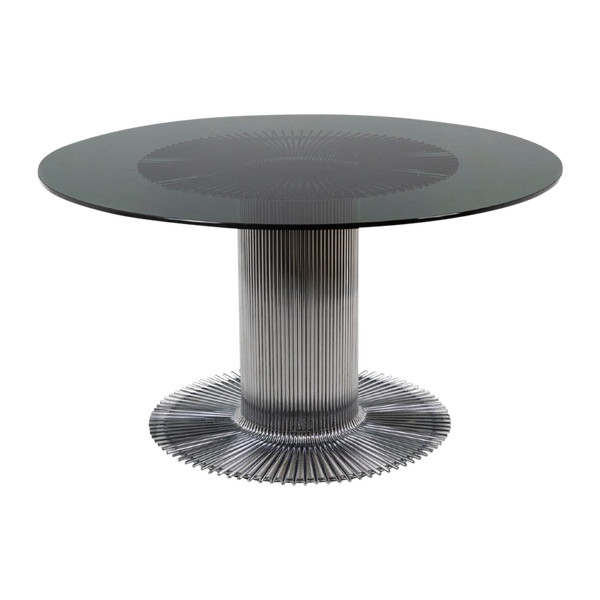 Gastone Rinaldi, tavolo rotondo in metallo cromato e vetro fumé, anni '70, Ls4690751