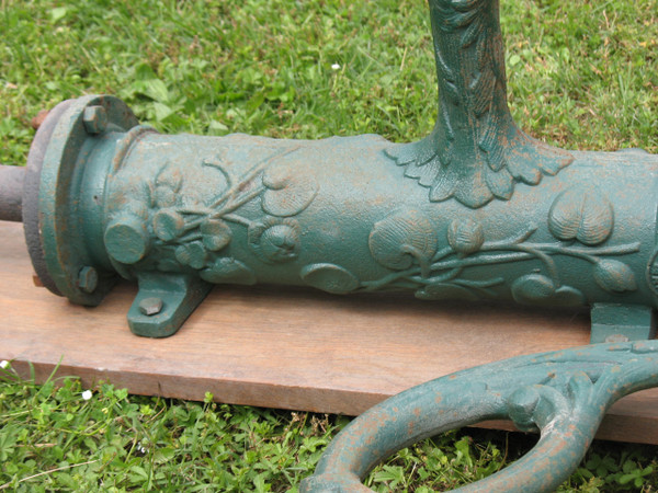 Cast iron water pump, 19th century, Chappée brand, decorated with dolphin and plants h: 140 cm