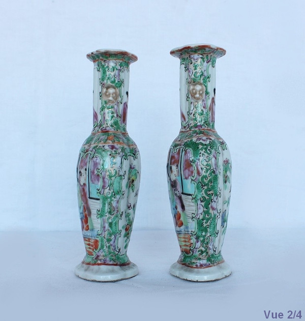 Pair of Small Canton Porcelain Baluster Vases - 19th century