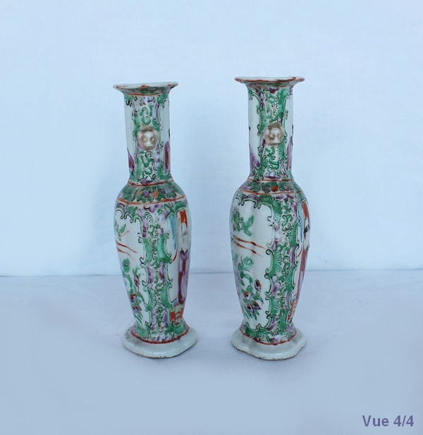 Pair of Small Canton Porcelain Baluster Vases - 19th century