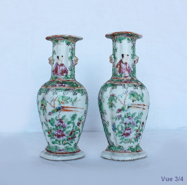 Pair of Small Canton Porcelain Baluster Vases - 19th century