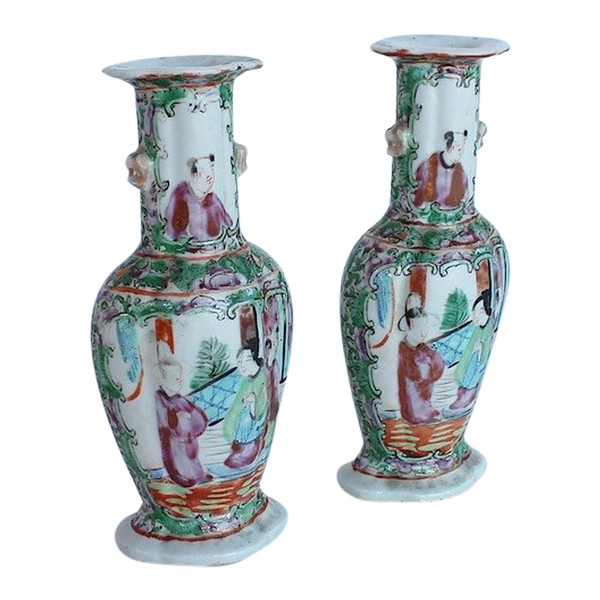Pair of Small Canton Porcelain Baluster Vases - 19th century